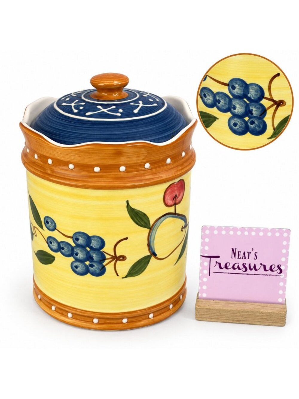 Salute TUSCAN FRUIT Pears Grapes Embossed Dots Ceramic Lidded 9" Large Canister